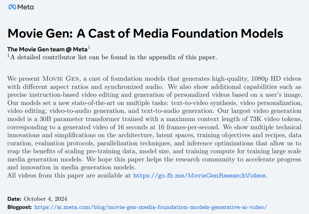 Meta又给OpenAI一记重击，视频生成Movie Gen震撼登场，甚至可以配音、编辑