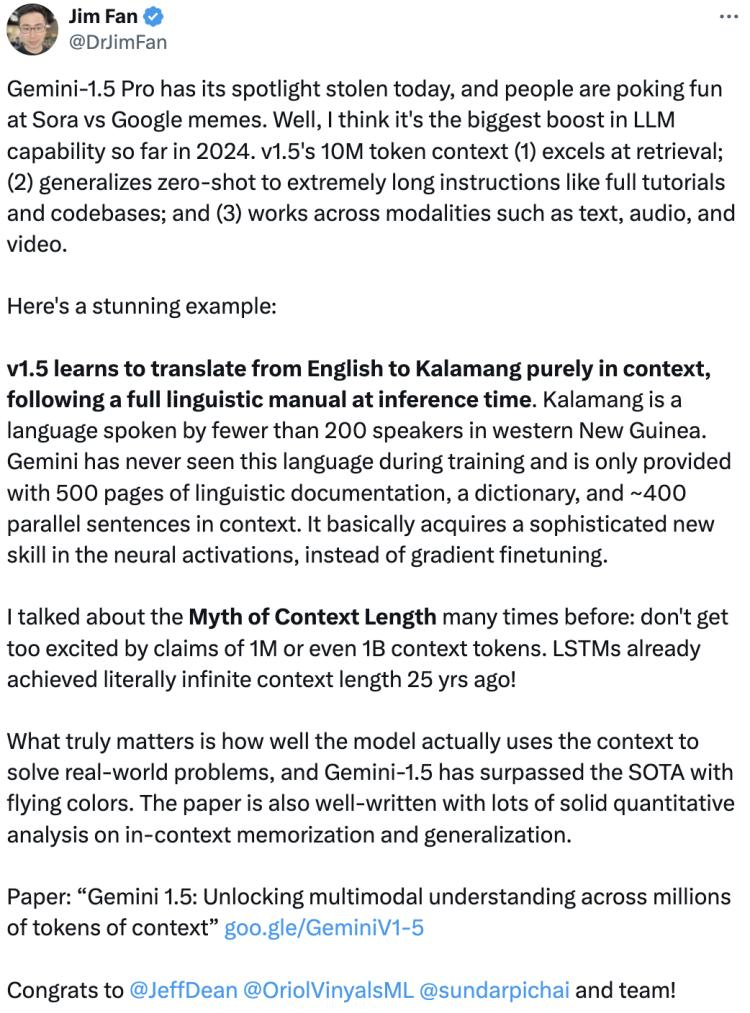 10M上下文，仅靠提示就掌握一门语言，Google Gemini 1.5被OpenAI抢头条是真冤