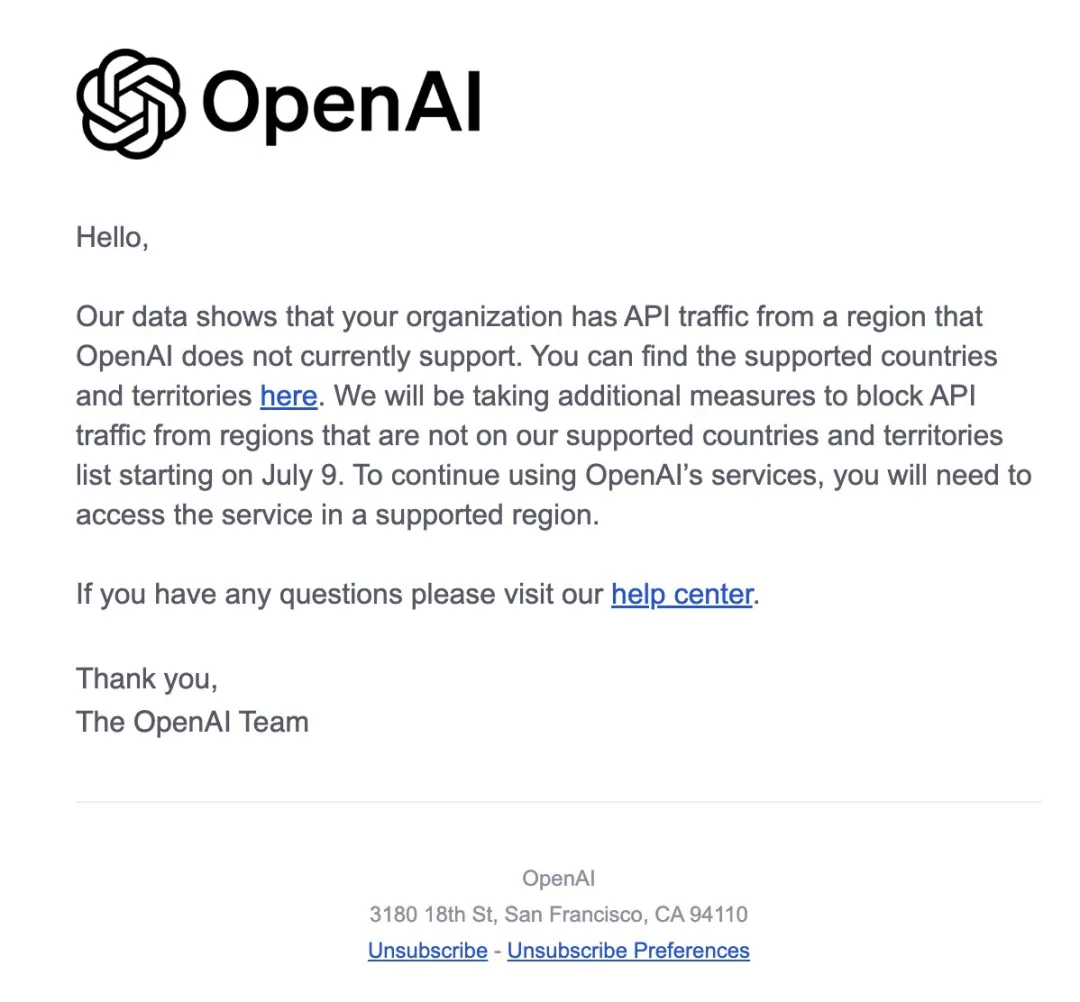 OpenAI封杀不支持地区API:违规封号,7月9日生效