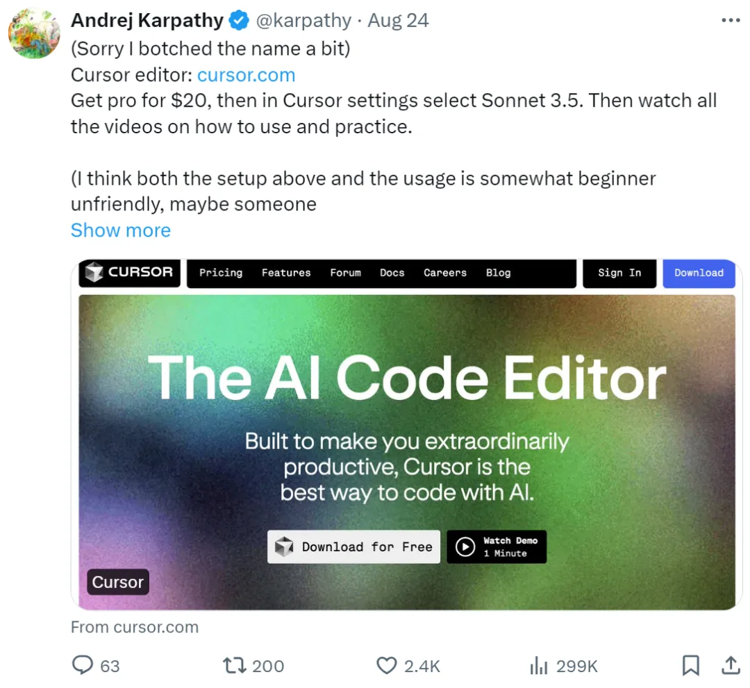 Karpathy狂赞AI代码神器Cursor，直言回不到3年前无辅助编码了，却被指「带货」
