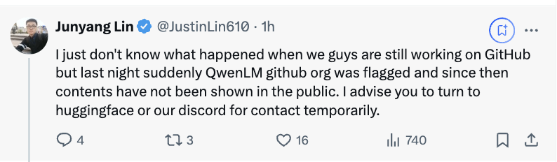 阿里大模型被Github一度404，负责人紧急回应：没跑路，平台故障误伤