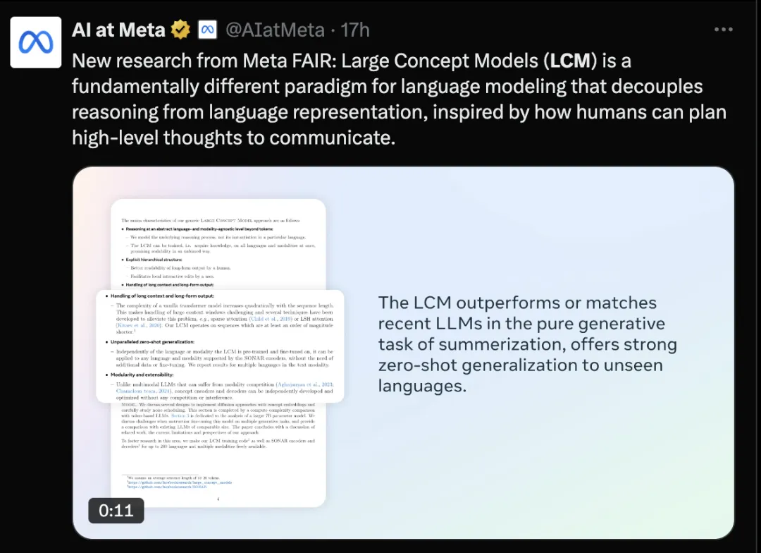 Tokenization，再见！Meta提出大概念模型LCM，1B模型干翻70B？