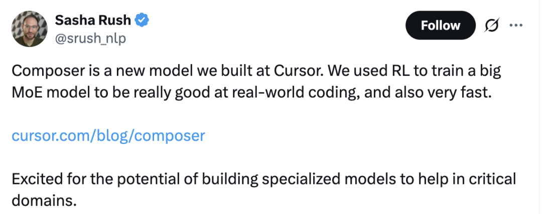 Cursor发布首个编程大模型!代码生成250tokens/秒,强化学习+MoE架构