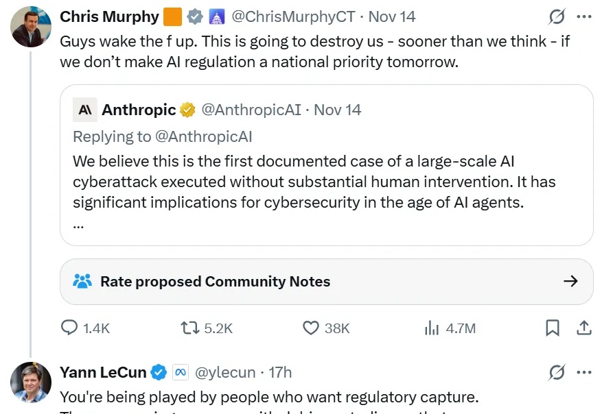 入侵30家大型机构、Claude自动完成90%？Anthropic 被质疑，Yann LeCun：他们利用可疑的研究来恐吓所有人
