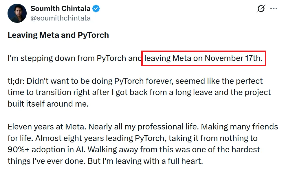 刚刚，PyTorch之父光速入职TML！离职Meta刚过一天，投身500亿估值独角兽