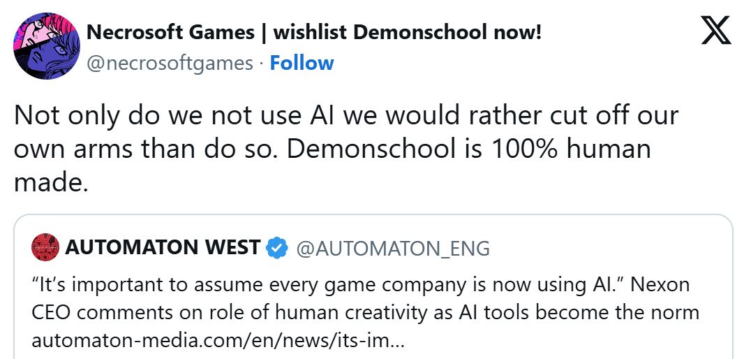 “宁可砍掉自己的手，也不用AI！”独立开发者怒怼Nexon CEO「所有公司都在用AI」言论