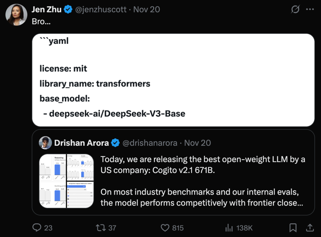 “美国公司制造的最好开源模型”，基模来自DeepSeek