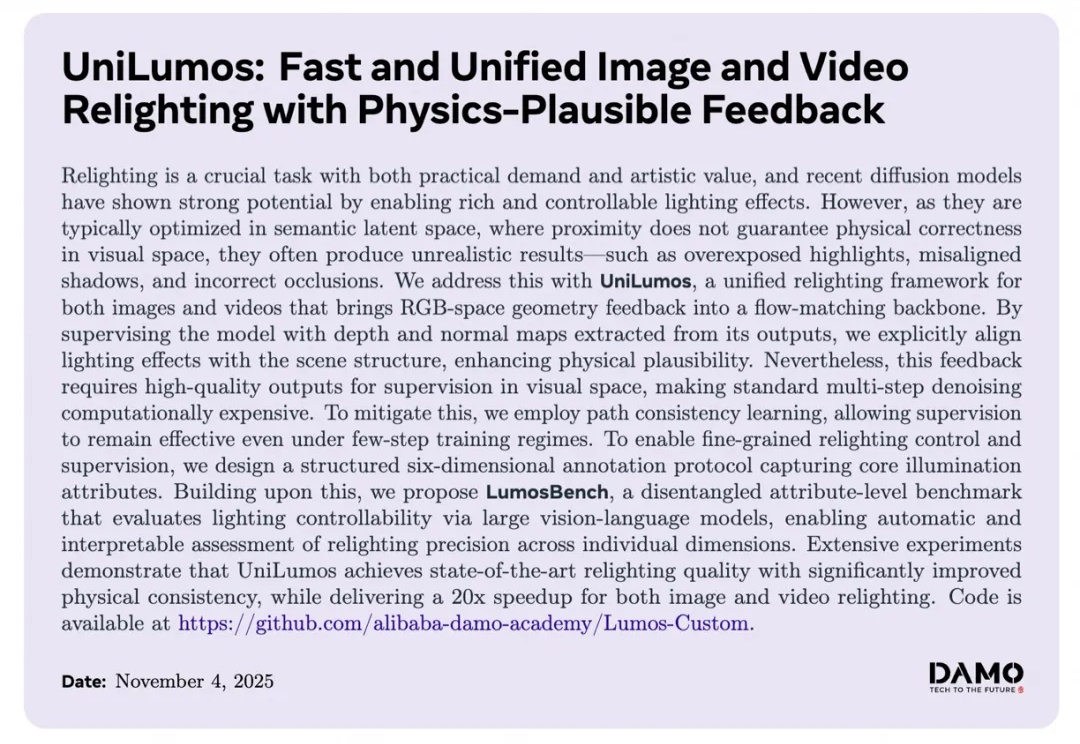 NeurIPS 2025 | UniLumos: 引入物理反馈的统一图像视频重打光框架，实现20倍加速的真实光影重塑!