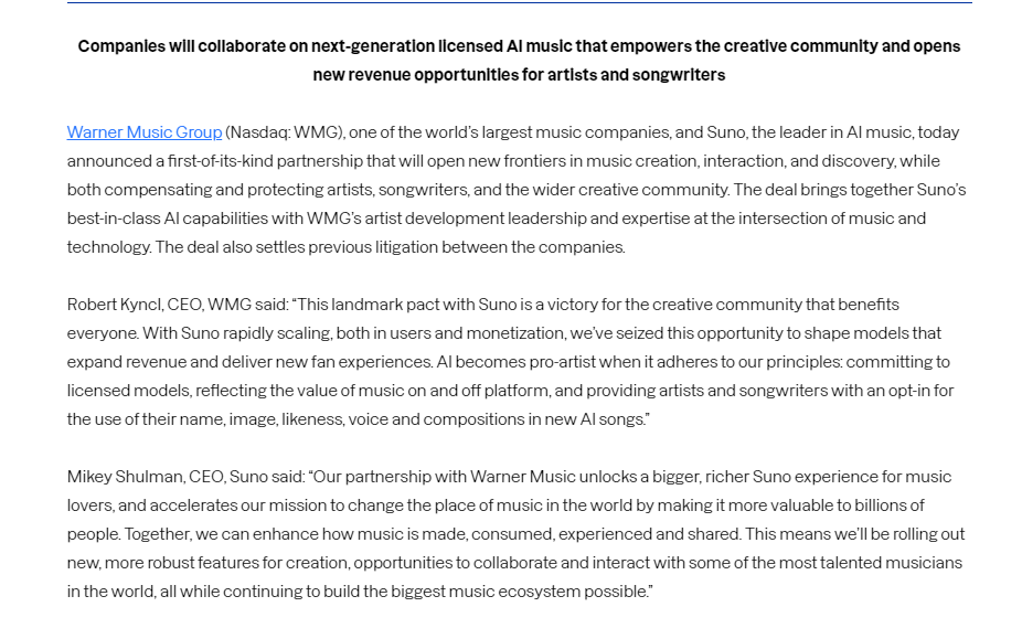 Suno 与华纳达成重磅合作：AI音乐正式“转正”，但免费下载时代终结！