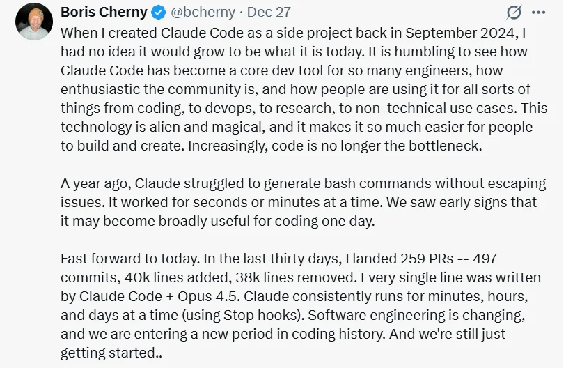 CC之父自曝实际生产数据：30天，259个PR，共497次提交，全由CC编写！Claude可以连续数天运行，代码已不再是瓶颈