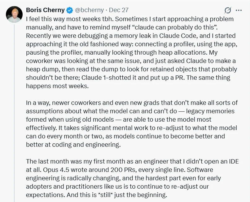 CC之父自曝实际生产数据：30天，259个PR，共497次提交，全由CC编写！Claude可以连续数天运行，代码已不再是瓶颈