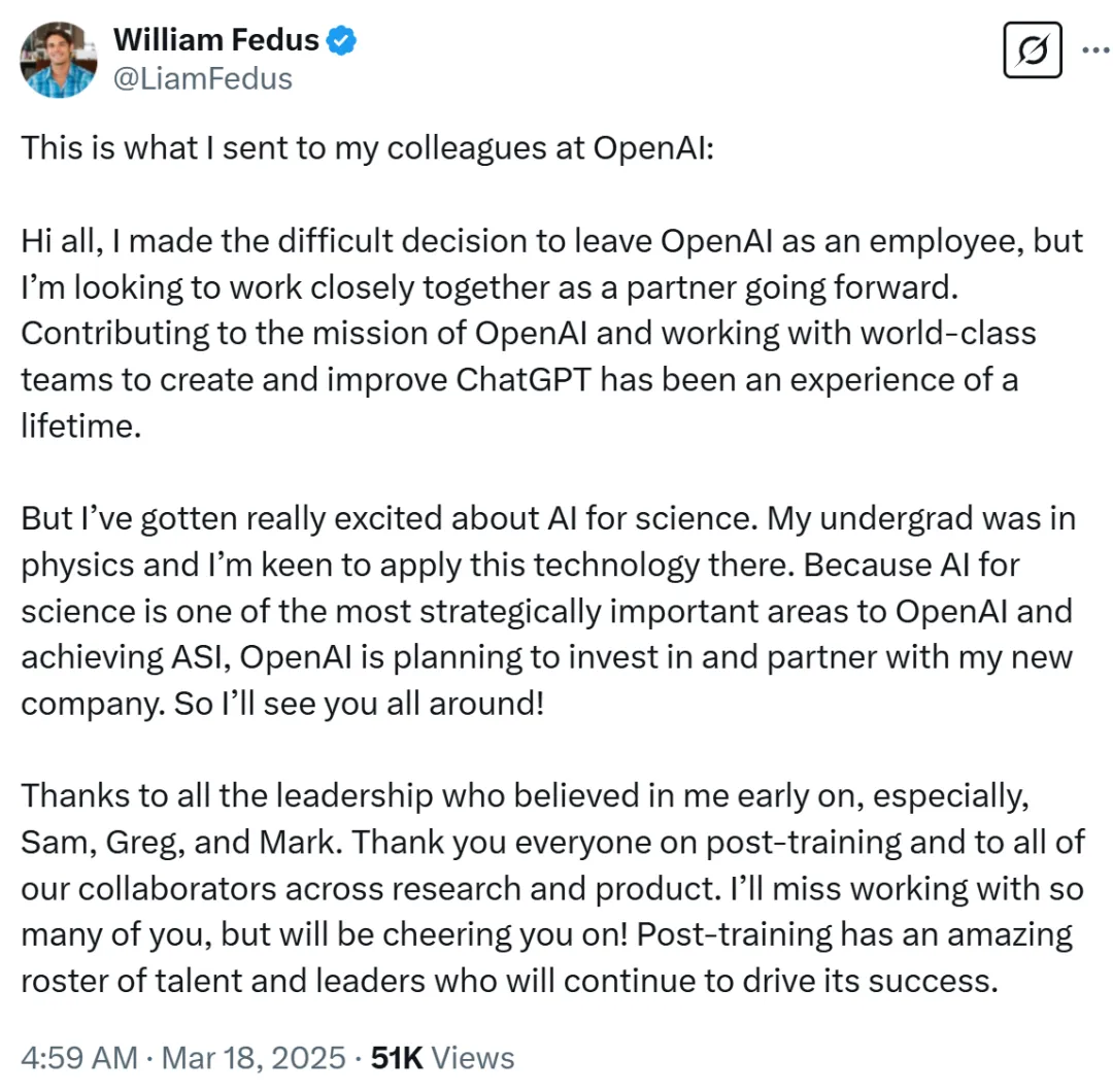 ChatGPT创始成员、后训练负责人官宣离职！自立门户并将获OpenAI投资
