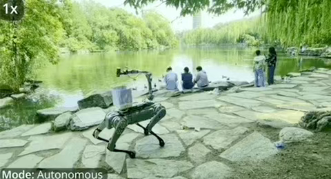 让宇树机器狗在北大未名湖畔捡垃圾，银河通用干的