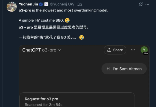 o3-pro正式推出！说声“嗨”就花了80美元，思考1+1用时16分钟