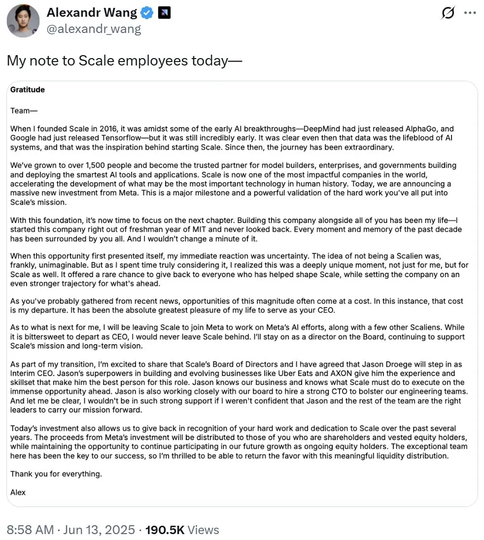 刚刚，Scale AI CEO Alexandr Wang正式官宣：Meta重金投资并挖走了我