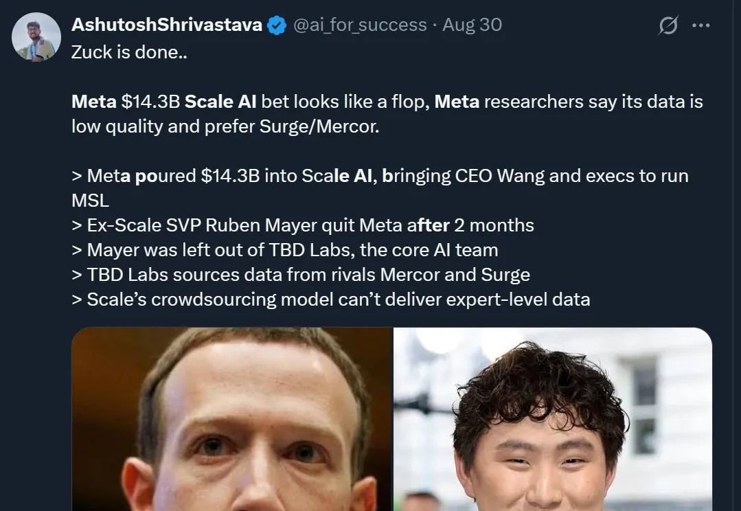 Meta和Scale AI闹翻！砸143亿买的高管跑路，业务也合作不下去
