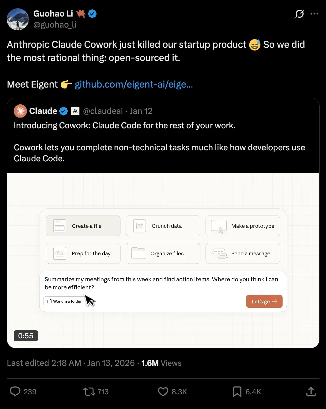 开源版 Cowork 项目在 X 爆火，创始人：感谢 Cowork，让我们三年的探索被看到
