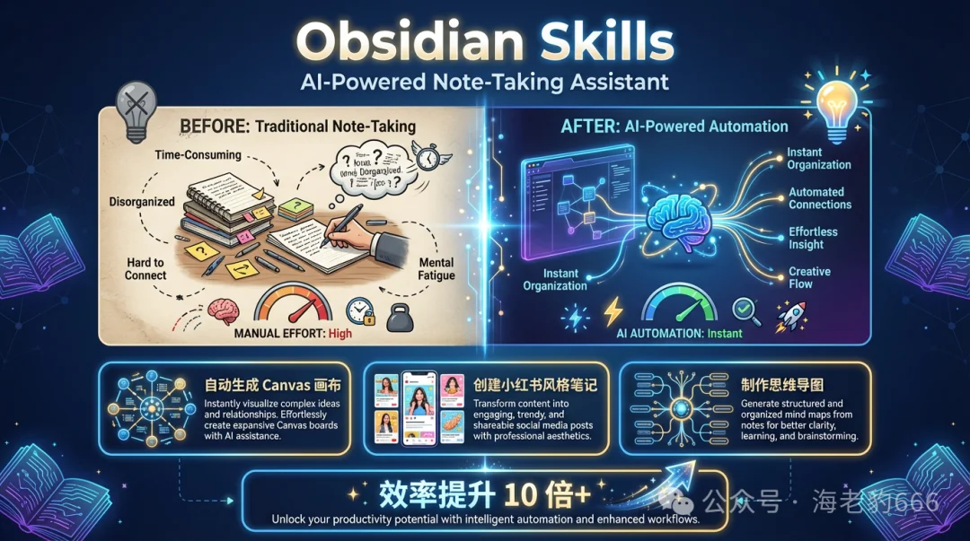 Obsidian + AI,笔记效率提升10倍!一键生成Canvas和小红书风格笔
