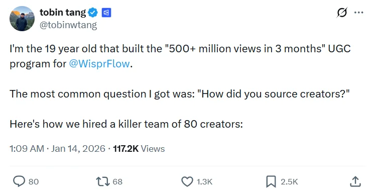 3 个月达成 5 亿平台播放量，Wispr Flow 分享如何做好红人营销