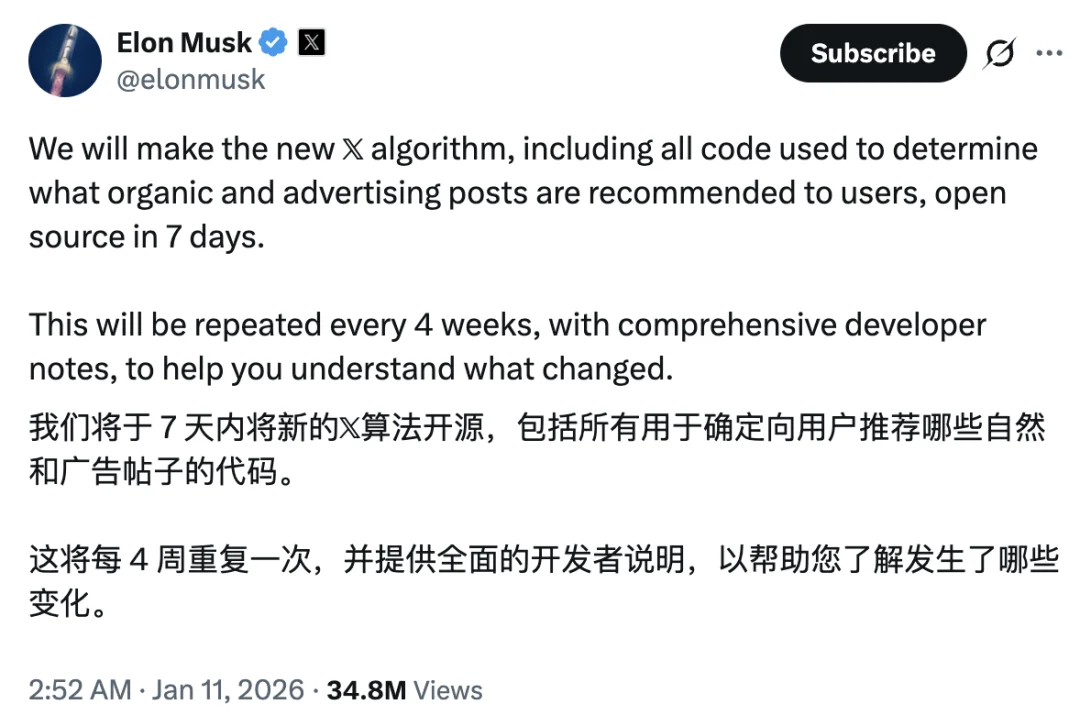 马斯克刚刚真把 𝕏 平台推荐算法给开源了,核心也是Transformer