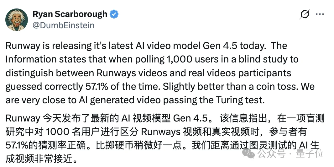57.1%的人分不清真假!Runway新视频模型太爆炸