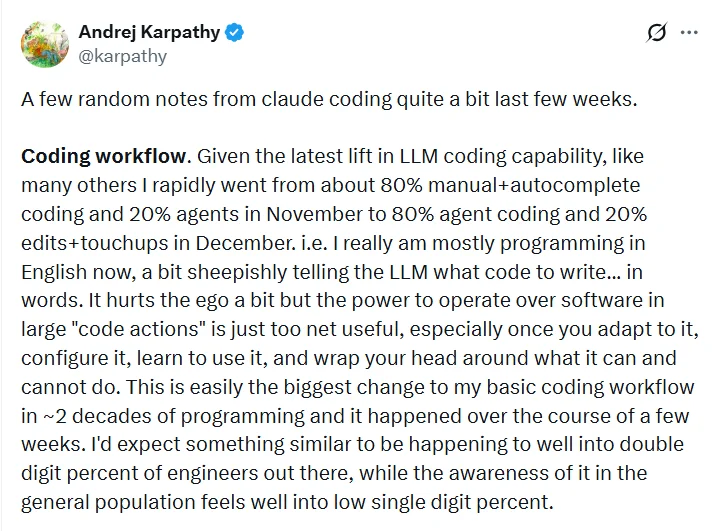 Karpathy：回不去了，被AI伤了自尊！自曝手写代码能力退化，公开与CC协作心得！马斯克：时代精神的总结！CC之父：不会出现垃圾代码末日