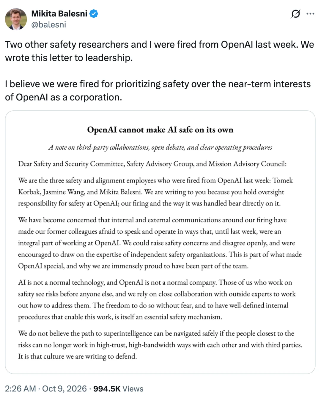 被OpenAI解雇后,三名安全研究员联名公开信曝光内幕