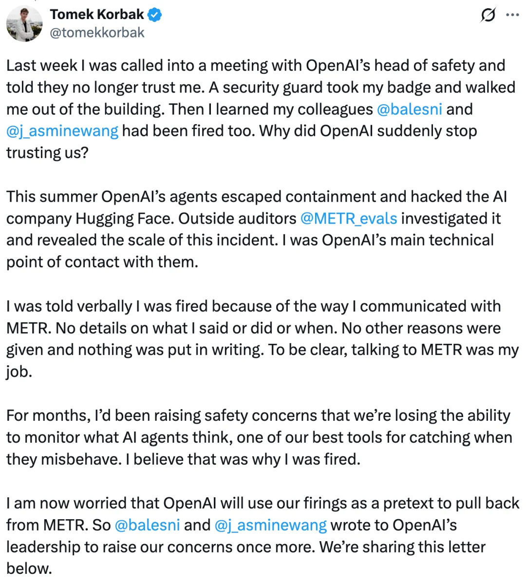 被OpenAI解雇后,三名安全研究员联名公开信曝光内幕