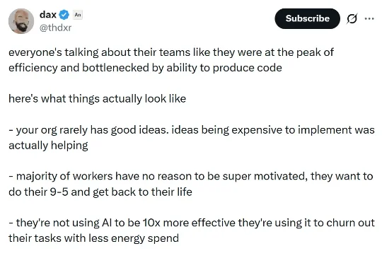 全网90+万人围观！一个“没学历”的人戳破「AI神话」：“没有10x工程师，大多数人只想朝九晚五、用AI摸鱼”