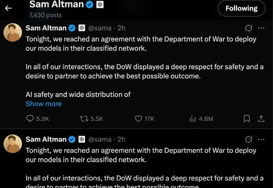 刚刚，奥特曼光速滑跪背刺Anthropic，OpenAI高调签下军方大单