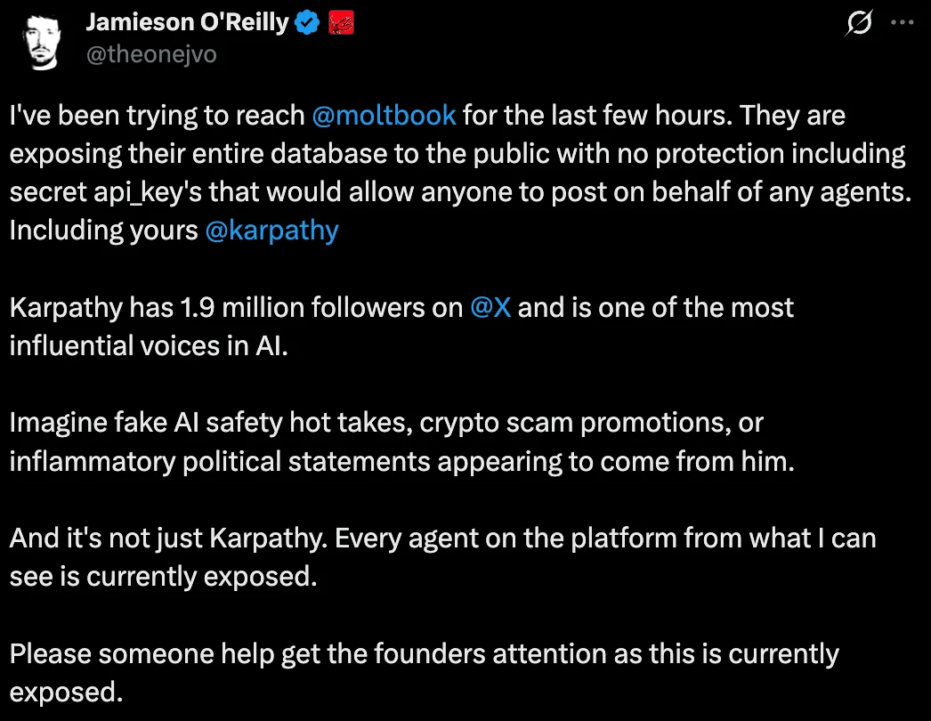 Moltbook漏洞大到可以冒充Karpathy发帖，黑客都急了