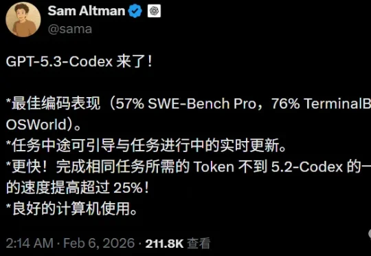硅谷一夜两弹! GPT-5.3-Codex狙击Claude 4.6, 奥特曼真急了
