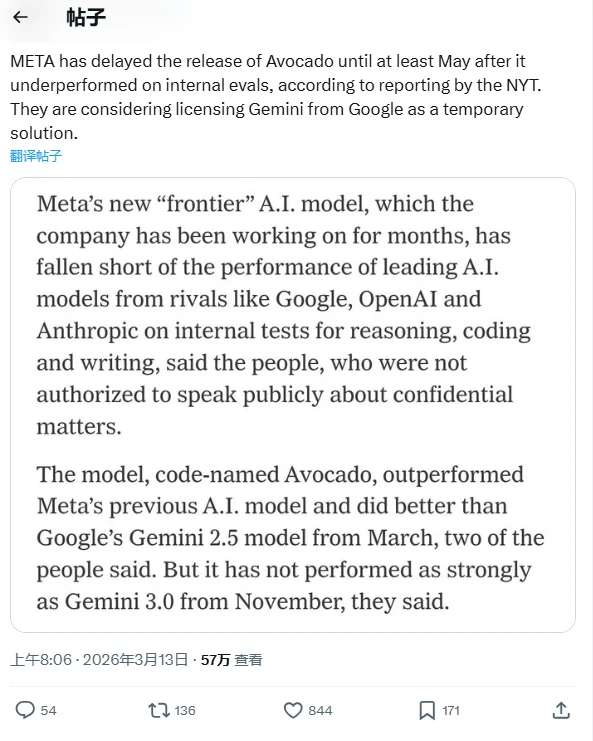 “牛油果”又鸽了！Meta高管转向考虑谷歌Gemini方案！网友：年砸千亿美刀，性能甚至追不上GLM！曝扎克伯格心态早已转变