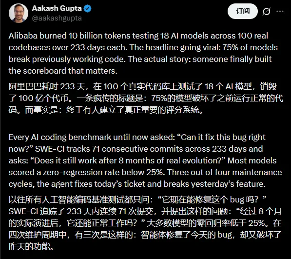 阿里联手中山大学放狠话：75%的Agent都在造“屎山”！233天连环大测，代码库全崩了！自研新基准：GLM表现亮眼！网友：程序员饭碗保住了！