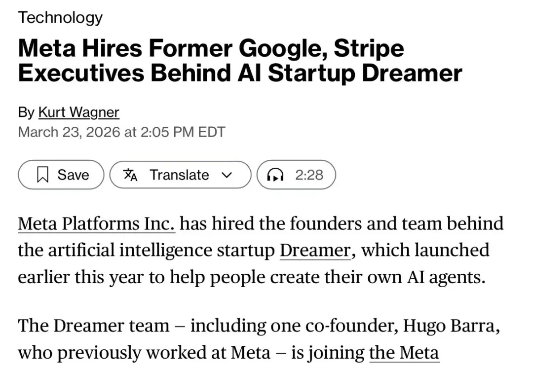 扎克伯格还在疯狂抢夺AI人才：估值5亿美元收编AI公司Dreamer