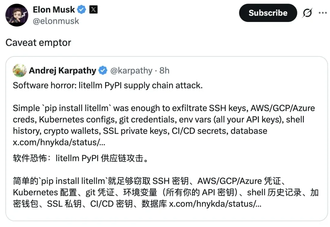 突发｜立即检查你的Python库！LiteLLM被投毒，Karpathy警告，马斯克关注