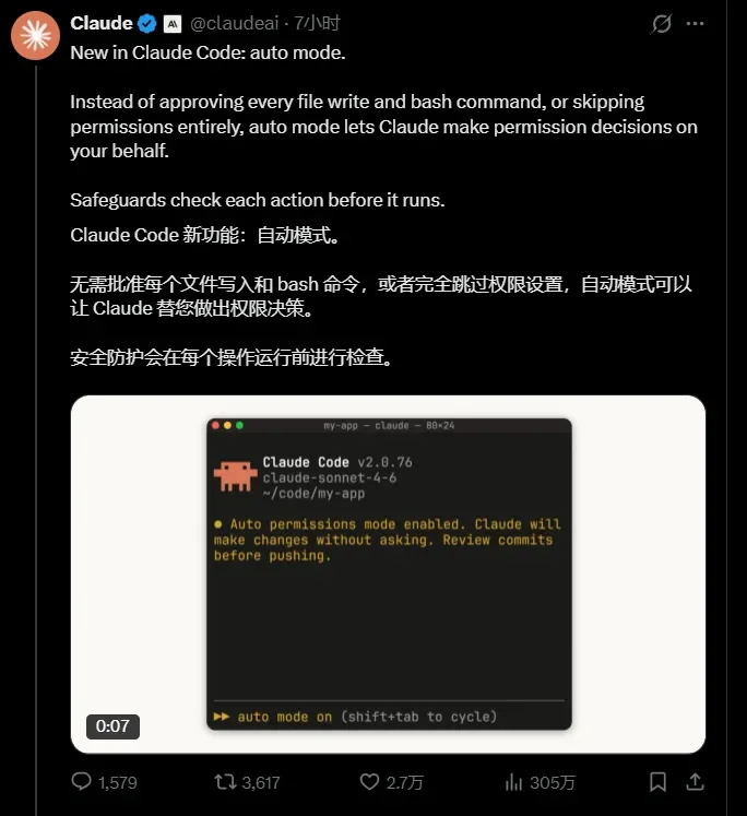 Claude团队深夜祭出“自动模式”!网友看呆了:CC里程碑式进化!无人值班确实上头,但一周的token很快燃尽