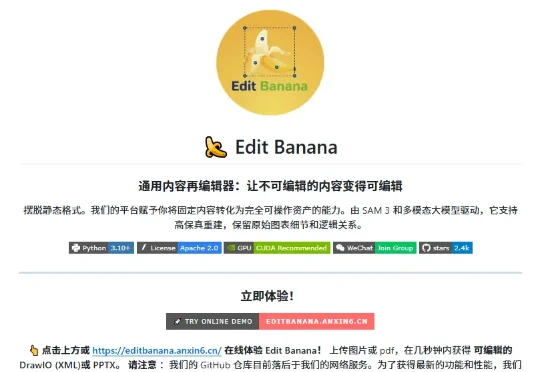 分享一个贼牛的开源项目Edit banana，让你轻松肢解 AI 图