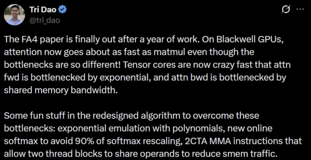FlashAttention-4正式发布：算法流水线大改，矩阵乘法级速度