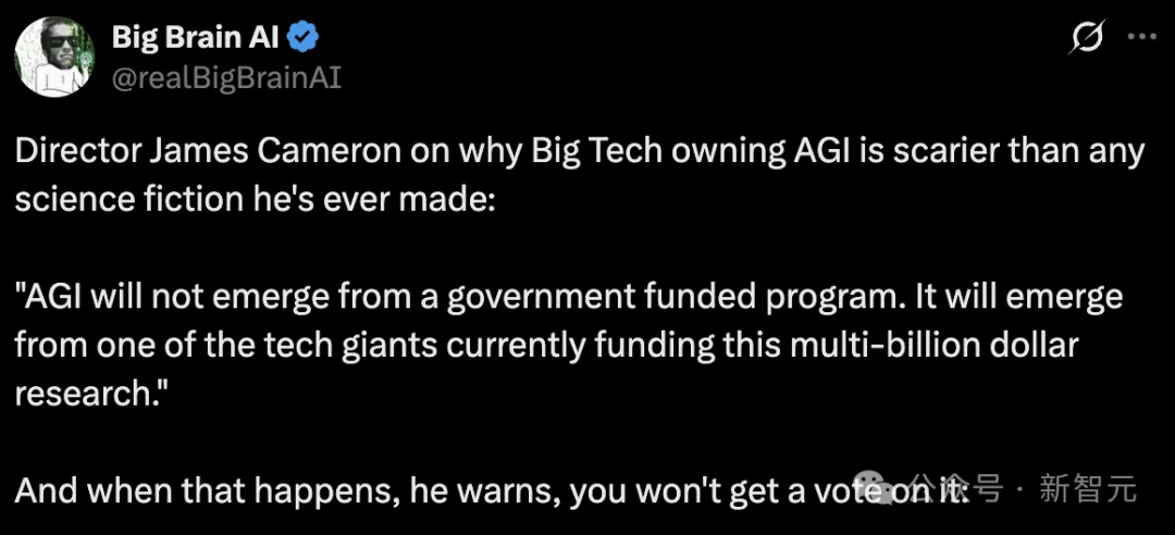 巨头垄断AGI，比天网更恐怖百倍!《终结者》导演卡梅隆炸裂警告