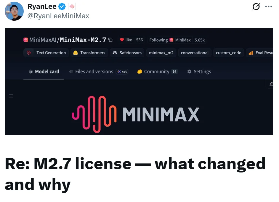 MiniMax修改开源授权被骂疯了!限制M2.7商用、强制标注来源,却没完全撤下MIT标识