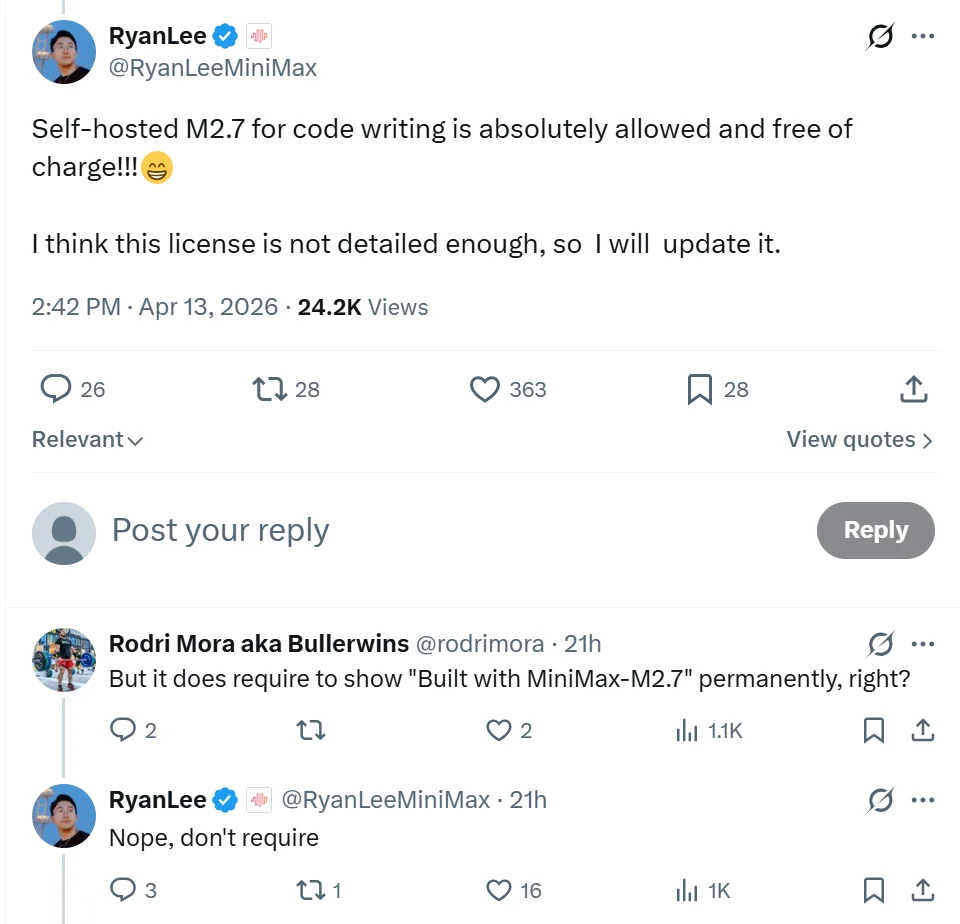 MiniMax修改开源授权被骂疯了!限制M2.7商用、强制标注来源,却没完全撤下MIT标识