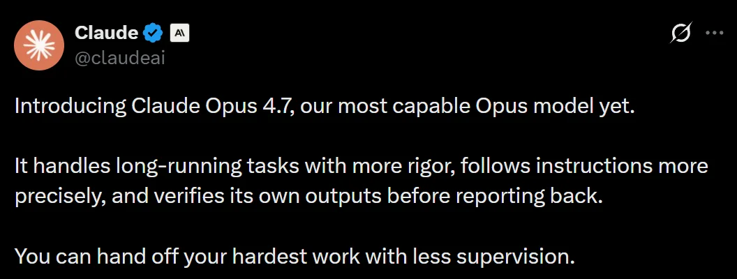 Claude Opus 4.7深夜炸场！胜任更长任务、自主检查，视觉能力拉满