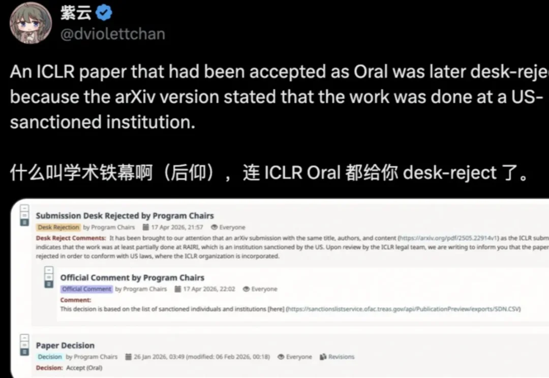 ICLR发了Oral又反悔，理由是查到了制裁名单？