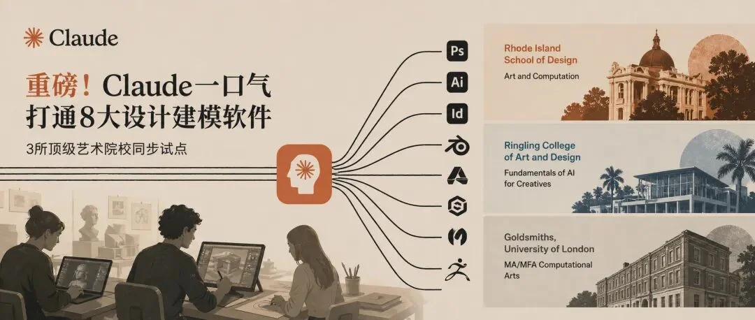 重磅！Claude一口气打通Adobe、Blender等8大设计建模创意软件，3所顶级艺术院校同步试点