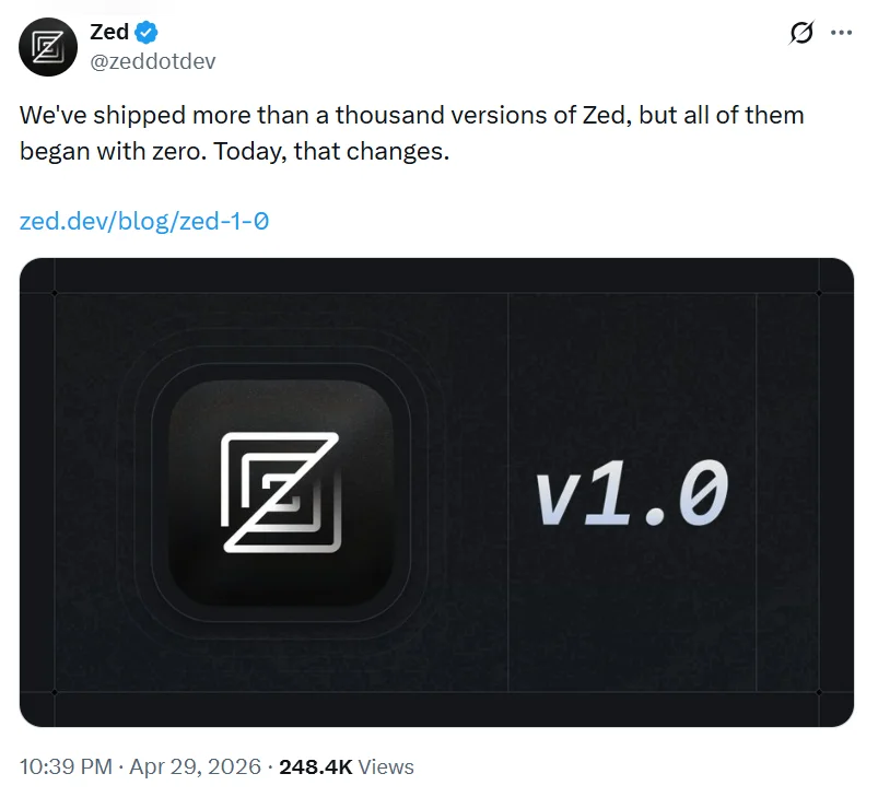 Zed 1.0上线即爆火！Atom 原班人马用 Rust 重塑编辑器，丝滑性能 + AI 原生，堪比游戏引擎！开发者：现在一点也不怀念 VS Code