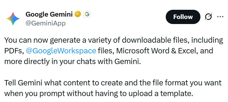 谷歌Gemini开启王炸模式：一句话直接生成PDF、Word、Excel，30多种不同格式文件，实用效率神器，改变游戏规则！