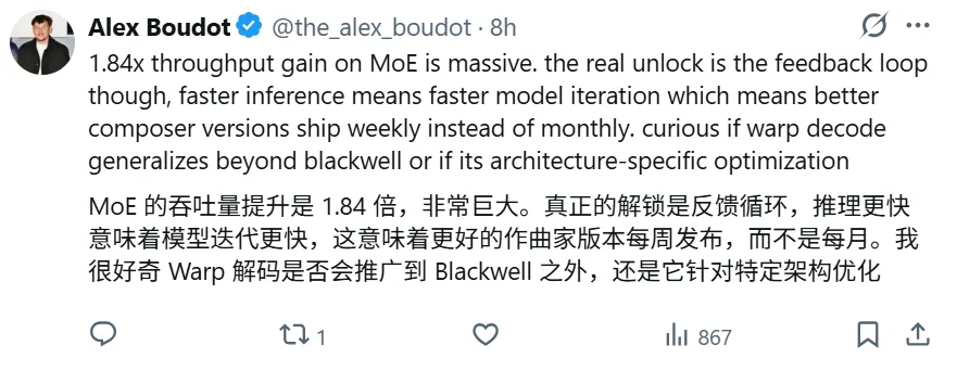 Cursor 凌晨自曝黑科技：重写 MoE 生成机制，Blackwell 推理性能直接翻倍！网友：直接榨干B200最后一滴带宽！