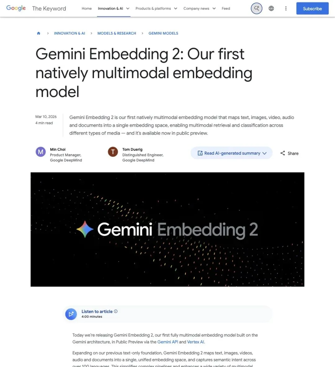 Google放大招：文字、图片、视频、音频、PDF，全部压进同一个向量空间！Gemini Embedding 2正式GA