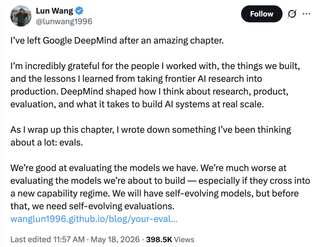 DeepMind华人研究员Lun Wang离职,「评估」成制约模型能力飞跃的瓶颈